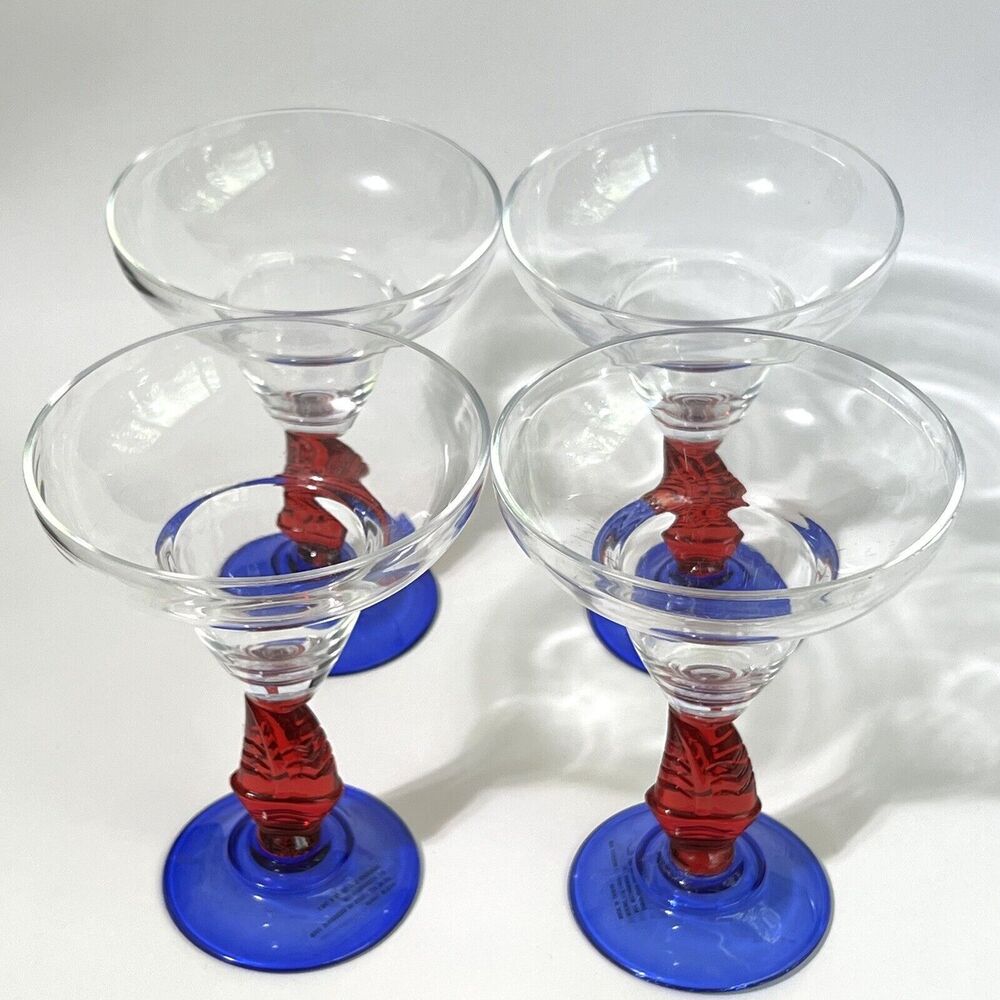 4 Martini Glasses Clear Plastic With Red Sailboat Stem Blue Base Cocktail Gift